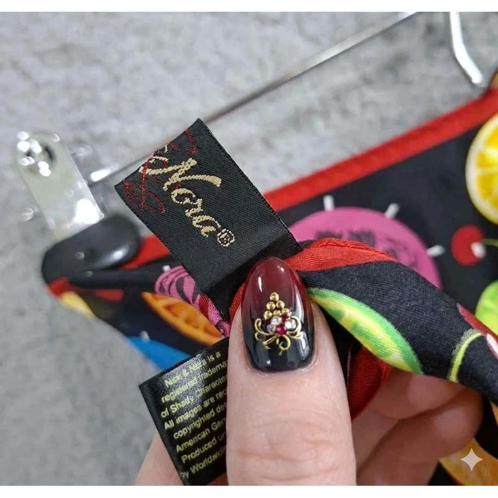 Nick and Nora 100% Silk Scarf Wrap Handkerchief Cocktail Print 21x21 Black Red